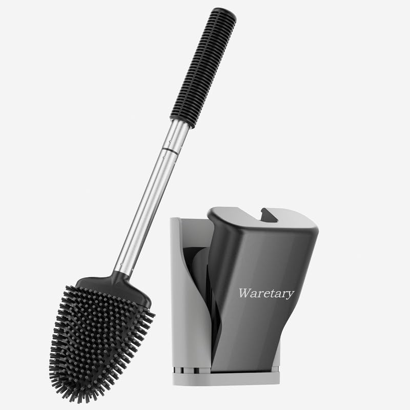 Silicone Toilet Bowl Brush with Holder: Long Handle Toilet Brush and Holder Set for Bathroom, Wall Mounted Toilet Scrubber Cleaner Brush(Black&Grey)