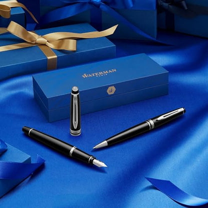Waterman Expert Ballpoint Pen Gloss Black with Chrome Trim Medium Tip Blue Ink Gift Box