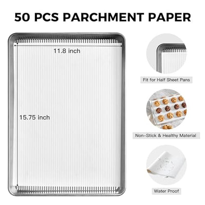 HONGBAKE Aluminum Cookie Sheets for Baking, 2-Pack Commercial Quality Half Sheet Pan, Baking Sheets Non Stick with 50 PCS Parchment Paper, 12.8 x 17.7 in, Silver