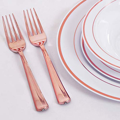 WDF 50Guest Rose Gold Plastic Plates with Disposable Plastic Silverware& Rose Gold Cups&Rose Gold Plastic Bowls&Hand Napkins-Plastic Dinnerware for Wedding&Parties