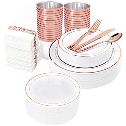 WDF 50Guest Rose Gold Plastic Plates with Disposable Plastic Silverware& Rose Gold Cups&Rose Gold Plastic Bowls&Hand Napkins-Plastic Dinnerware for Wedding&Parties