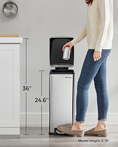 SONGMICS Slim Trash Can, 12.7 Gallon Garbage Can for Narrow Spaces with Soft-Close Lid, Inner Bucket, and Step-on Pedal, Stainless Steel, 15 Trash Bags Included, Silver ULTB510E48