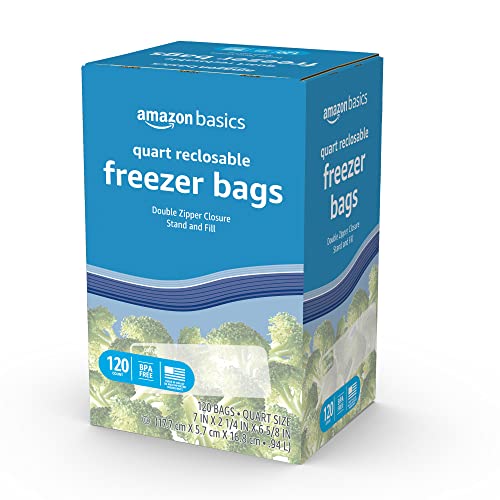 Amazon Basics Reclosable Freezer Quart Bags, Stand & Fill Base, 120 Count