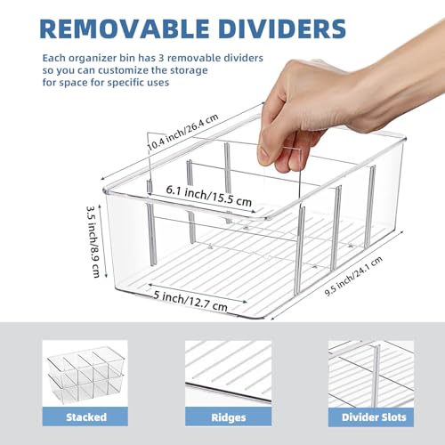 Flyxiregg Clear Pantry Organizer Bins with Dividers - 8 Pack Refrigerator Organizer Containers, Perfect for Pantry Organization or Kitchen Storage, BPA Free