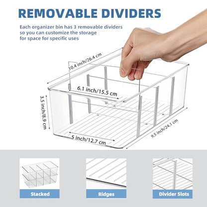 Flyxiregg Clear Pantry Organizer Bins with Dividers - 8 Pack Refrigerator Organizer Containers, Perfect for Pantry Organization or Kitchen Storage, BPA Free