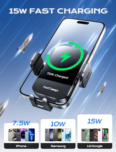 CHGeek Wireless Car Charger, 15W Fast Charging Auto Clamping Car Charger Phone Mount Phone Holder fit for iPhone 15 14 13 12 11 Pro Max Xs, Samsung Galaxy S24 Ultra S23 S22 S21, S20, S10+, Black