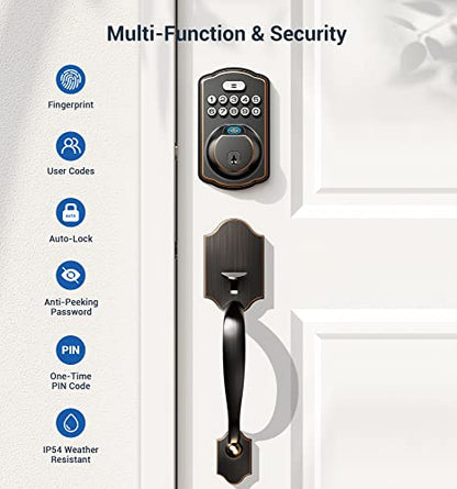 Veise Fingerprint Door Lock, Keyless Entry Door Lock, Electronic Keypad Deadbolt, Biometric Smart Locks for Front Door, Auto Lock, Anti-Peeking Password, Easy Install, Oil Rubbed Bronze