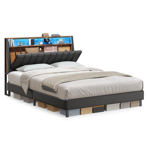 VASAGLE Queen Bed Frame with Storage and Charging Station