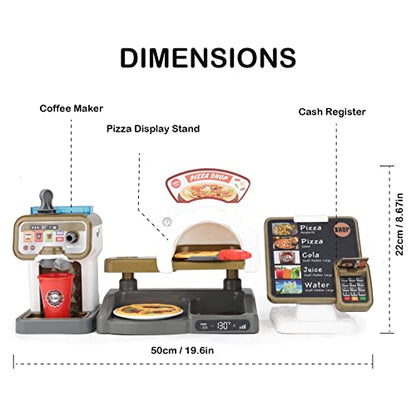 deAO Pretend Play Store Coffee Playset Kids Coffee Maker Play Set Pizzas Shop with Cash Register 30pcs STEM Toy for Kids Pre-School Pretend Toy for Toddlers Boys & Girls Age 3+