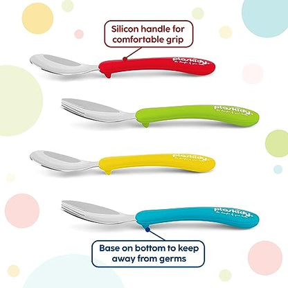PLASKIDY Toddler Silverware Set of 8 Kids Utensils Forks and Spoons - BPA FREE/Dishwasher Safe Toddlers Utensils Stainless Steel - Children's Safe Flatware Cutlery Set