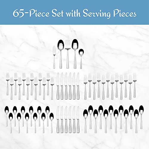 Mikasa Oliver Gleam Silverware, 18/10 Stainless Steel Cutlery 12, Inlcludes 5 Serving Untensils, 65 Piece Set, Silver