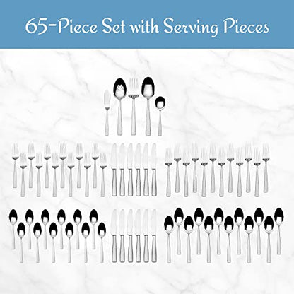 Mikasa Oliver Gleam Silverware, 18/10 Stainless Steel Cutlery 12, Inlcludes 5 Serving Untensils, 65 Piece Set, Silver