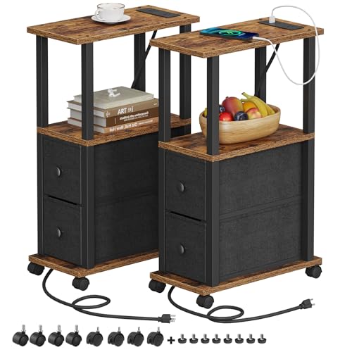 2 Pack Narrow End Tables with Drawers and Charging