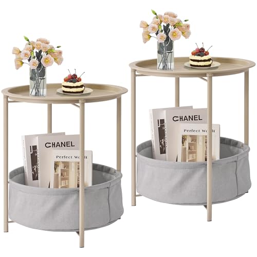 2 Pack Round Side Table with Storage Basket