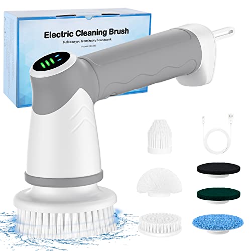 Electric spin scrubber,electric Spin Cleaning Brush IPX7 Waterproof with 6 Replaceable Brush Heads Dual Speed Led Display,Cordless Power Spin Scrubber for Bathroom/Floor/Tile/Tub/Kitchen/Stove/Car