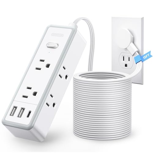 15 ft Flat Extension Cord Surge Protector Power Strip