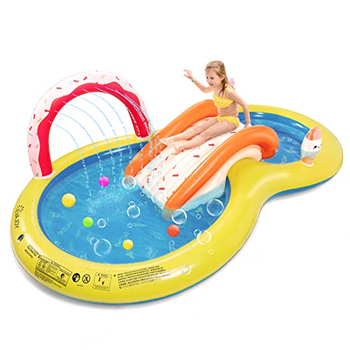 EVAJOY Inflatable Kiddie Pool, 101” x 57” x 24” Play Center with Detachable Slide for Children, Sprinkler, Ball Pit for Indoor Usage, Easy Setup for Garden, Backyard