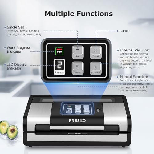 FRESKO Smart Vacuum Sealer Pro, Full Automatic Food Sealer Machine for Food Stoarge and Saver，Powerful Seal a Meal Sealer Machine with Auto Dry/Moist Detection, Roll Bag and Built-in Cutter