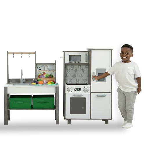 Delta Children Gourmet All-in-One Corner Play Kitchen - Toy Kitchen Playset with Safe & Heatless Stove with Lights, Oven, Sink, Fridge/Freezer with Ice Maker and 20 Accessories, Natural/White