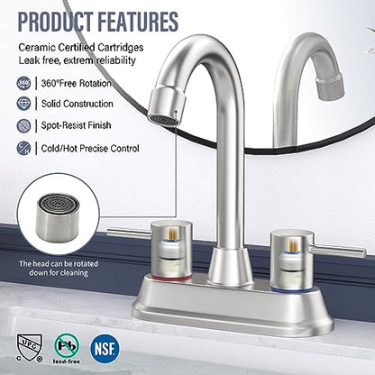 Bathroom Faucets for Sink 3 Hole, Brushed Nickel Bathroom Sink Faucet 4 Inch 2 Handle Centerset,360 Swivel Spout Faucet for Bathroom Sink 2-3 Hole RV Bathroom Vanity Sink,with Pop Up Drain