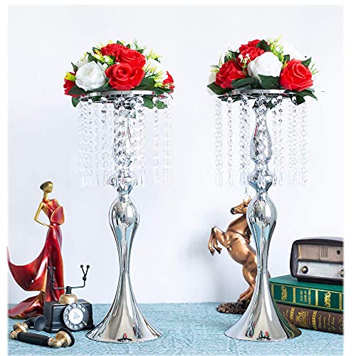 LANLONG Set of 2 Crystal Centerpieces for Tables Silver Metal Flower Vase Stand for Wedding Party Reception Home Decor