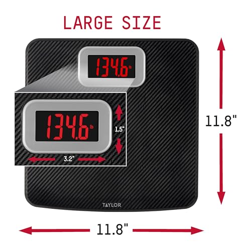 Taylor Digital Scales for Body Weight, High 440 LB Capacity, Carbon Fiber with Anti-slip finish, Readout with Red Digits, Auto On and Off Scale, 11.8 x 11.8 Inches, Black