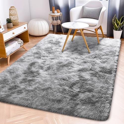 Awaytail Fluffy Rug Non Slip 4x6 Feet, Grey Tie-dye Soft Rugs for Bedroom, Light Grey Super Soft Plush Rug for Living Room
