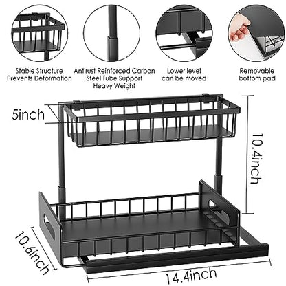 coastal rose Under Sink Organizer and Storage, 2 Tier Under Sink Cabinet Basket Storage Shelf with Sliding Drawers, Multi-Purpose Storage Shelf for Kitchen Bathroom,Black