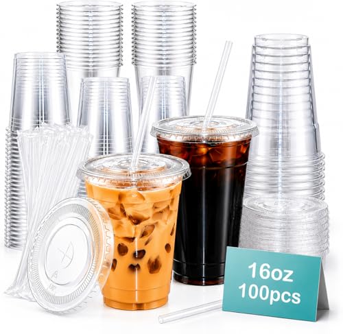 100 Pack 16oz Plastic Cups with Lids and Straws