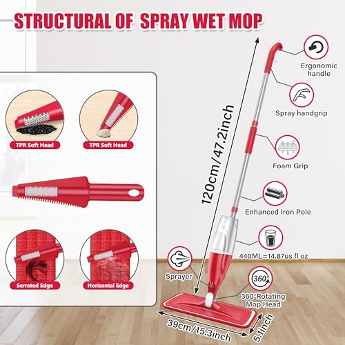 Spray Wet Mops for Hardwood Floor Cleaning - EXEGO Microfiber Dry Dust Spray Mop with Washable Pads fit for Swiffer PowerMop, Wet Jet Mop Flat Floor Mop with Sprayer for Wood Laminate Ceramic Tiles