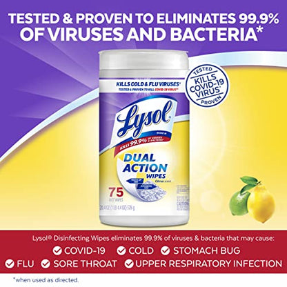 Lysol Dual Action Disinfectant Wipes, Multi-Surface Antibacterial Scrubbing Wipes, For Disinfecting and Cleaning, Citrus Scent, 75ct