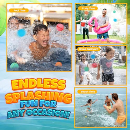 Reusable Water Balloons for Kids, Silicone Refillable Water Balls, Self-Sealing Splash Bombs, Quick Fill with Magnetic & Mesh Bag, Water Toys for Summer Outdoor Pool Backyard Party (12 Pack)