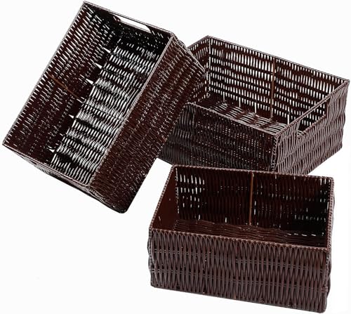 3 Pack Plastic Wicker Storage Baskets with Handles