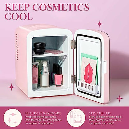Paris Hilton Mini Refrigerator and Personal Beauty Fridge, Mirrored Door with Dimmable LED Light, Thermoelectric Cooling and Warming Function for All Cosmetics and Skincare Needs, 4-Liter, Pink