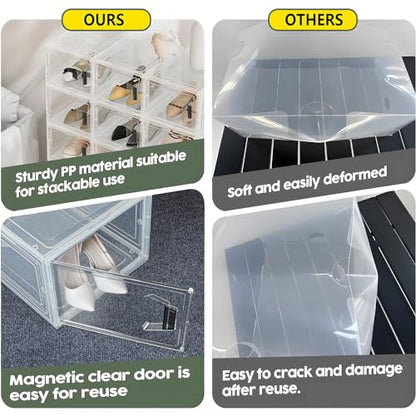 8 Packs Stackable Shoes Box,Upgraded Clear Plastic Shoe Organizer with Magnetic Door and handle for Men/Women Shoes,Sneakers Display(13.4 * 9.1 * 4.7 inch)