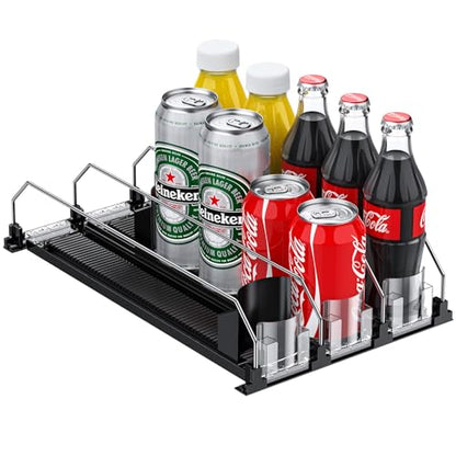 FUNYKICH Soda Can Dispenser for Refrigerator, Drink Organizer for Fridge with Automatic Pusher Glide, Width Adjustable, Self Pushing Fridge Drinks Organiser- Holds up to 15 Cans, 3 Rows, 9.9''Wx15''D