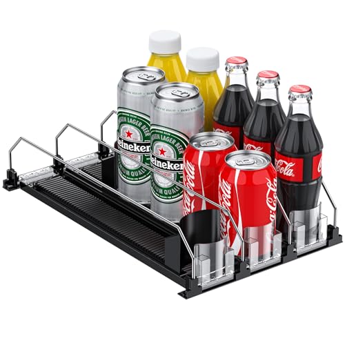 FUNYKICH Soda Can Dispenser for Refrigerator, Drink Organizer for Fridge with Automatic Pusher Glide, Width Adjustable, Self Pushing Fridge Drinks Organiser- Holds up to 15 Cans, 3 Rows, 9.9''Wx15''D