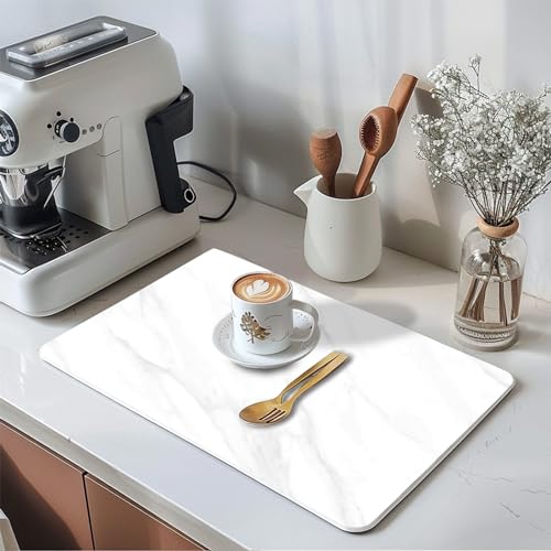 Stone Dish Drying Mat for Kitchen Counter, 16x12 inch Food Grade Diatomaceous Earth Ultra Absorbent Dish Mats, Quick Dry Pad for Bottles, Dishes,Cups and More (White Marble)