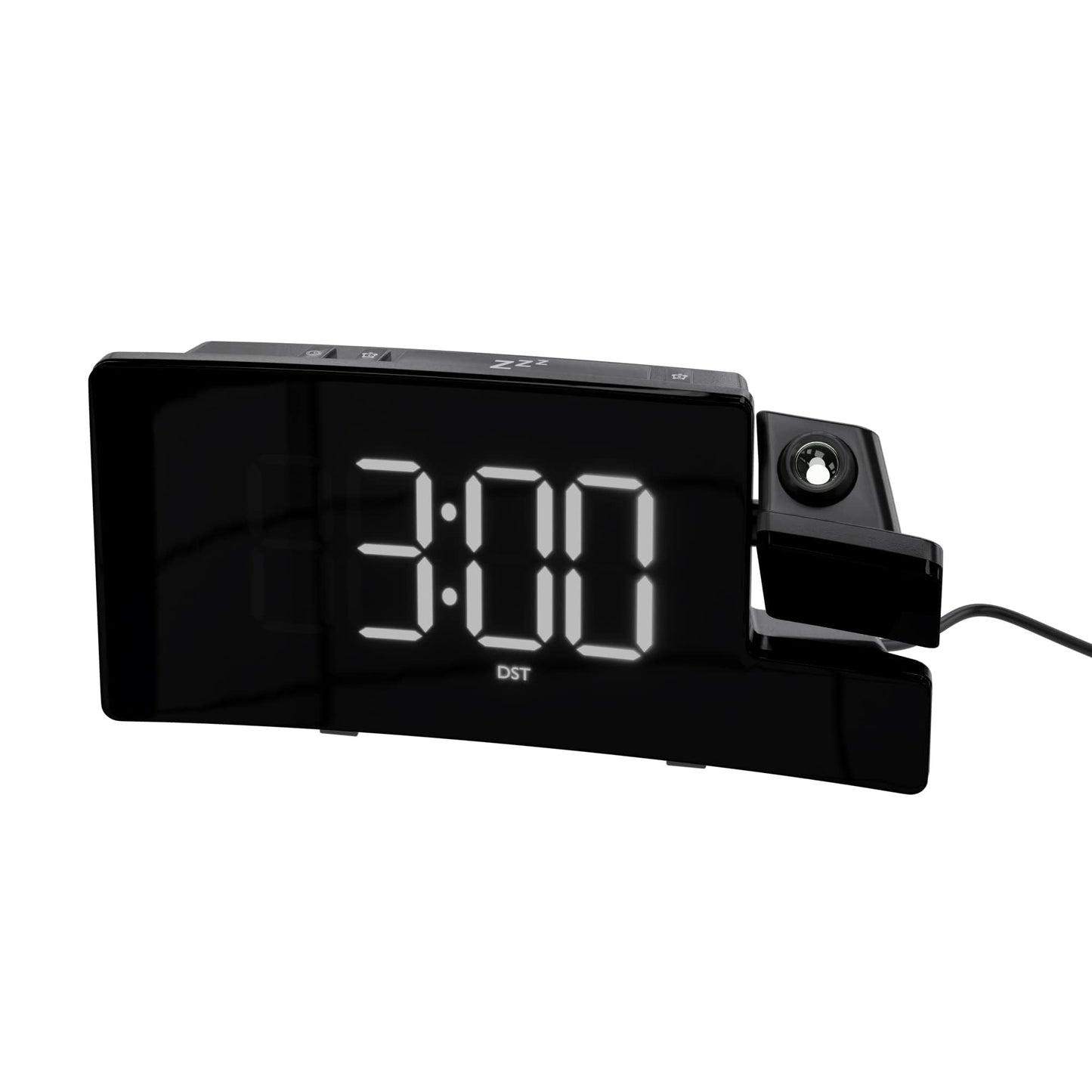 Amazon Basics Rectangular Projection Alarm Clock with Large LED Display, 180° Rotatable Projector, FM Radio, USB Phone Charging, Brightness Dimmer, Battery Backup, 12/24H, DST, Black