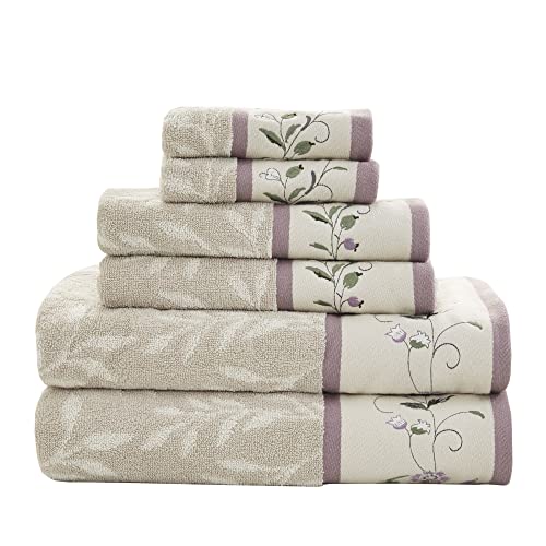 Madison Park Serene 100% Cotton Bath Towel Set Luxurious Floral Decorative Towels for Bathroom Embroidered Cotton Jacquard Design Soft Highly Absorbent for Shower 600 GSM, Multi-Sizes, Purple 6 Piece