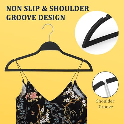 Flysums Heavy Duty Plastic Hangers, 50 Pack Rubber Coating Non Slip Coat Hangers with Shoulder Grooves, Suit Hangers with 360° Swivel Hook, Space Saving Organizer for Bedroom Closet, Black