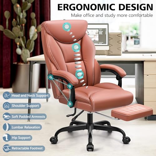 HeroSet Office Chair Executive, Big and Tall Ergonomic Office Desk Chair Comfy, PU Leather Home Office Chairs, HighBack Reclining Computer Desk Chair with Footrest for Home Office Gaming (Matte Brown)