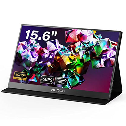 HONGO Portable Monitor 15.6'' 1080P FHD USB-C Portable Laptop Monitors Smart Cover & Dual Speaker, HDMI Computer Display IPS HDR External Gaming Monitor for PC Phone Mac Xbox PS4 Switch