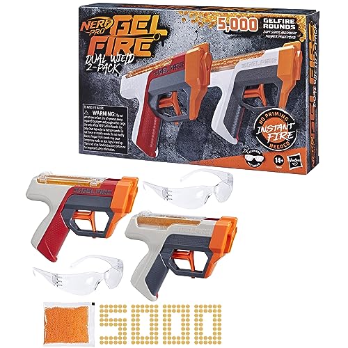 Nerf Pro Gelfire Dual Wield Pack, 2 Blasters, No-Prime Firing, 5000 Gelfire Rounds, 2X 100 Round Integrated Hoppers, 2 Eyewear, Ages 14 & Up