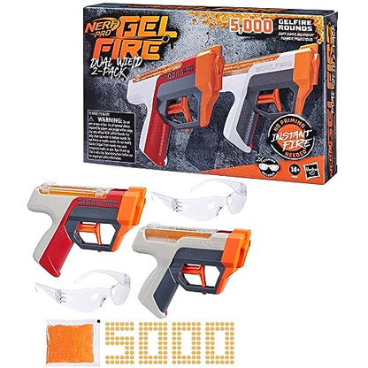 Nerf Pro Gelfire Dual Wield Pack, 2 Blasters, No-Prime Firing, 5000 Gelfire Rounds, 2X 100 Round Integrated Hoppers, 2 Eyewear, Ages 14 & Up