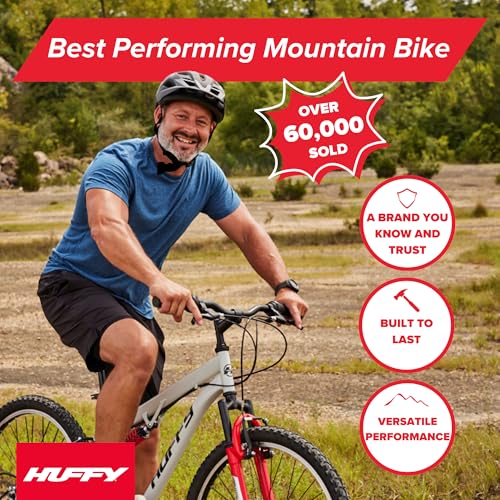 Huffy Stone Mountain Mens 24 Inch Mountain Bike, Red Gloss Frame, 21-Speed Shimano Twist Shifting, Front Suspension, Comfort Saddle | 20"/24"/26" Sizes, 6-21 Speeds, Dual Suspension Available