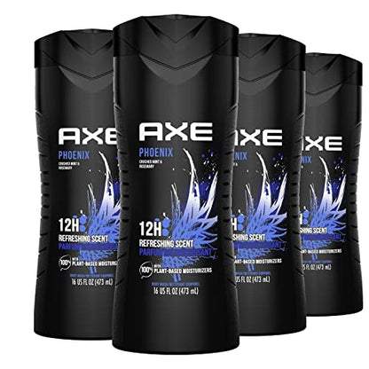 AXE Body Wash Phoenix 12h Refreshing Scent Crushed Mint & Rosemary 4 count Men's Body Wash with 100% Plant-Based Moisturizers 16 oz