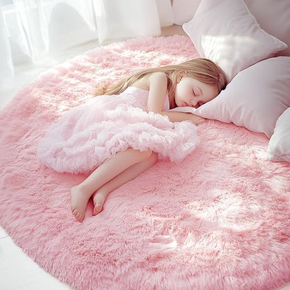 OLANLY Pink Round Rugs for Bedroom - Machine Washable, 4x4 Feet Circle Area Rugs for Living Room, Soft and Fluffy Shaggy Carpet for Teen Girls and Boys, Dorms, Nursery Rooms, Home Decor Aesthetic