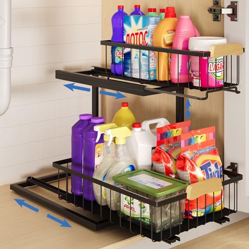QINFZY 2 Tier Under Sink Organizer Bathroom, L Shaped Adjustable Under Sink Organizers and Storage, Metal Pull Out Under Cabinet Organizer for Bathroom Kitchen