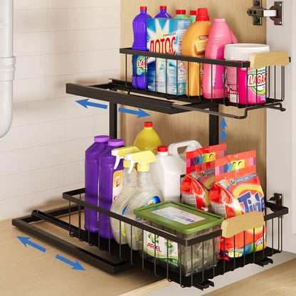 QINFZY 2 Tier Under Sink Organizer Bathroom, L Shaped Adjustable Under Sink Organizers and Storage, Metal Pull Out Under Cabinet Organizer for Bathroom Kitchen